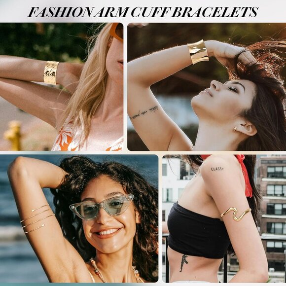 6Pcs Arm Cuff Upper Arm Band Chunky Gold Cuff Bracelets for Women Adjustable Upp - Picture 6 of 6